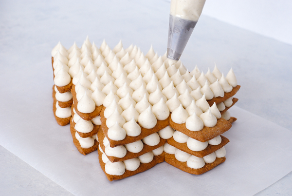 Cream Tart Tree Cake - gingerbread cookie with cream cheese frosting and festive holiday toppings | by Carrie Sellman for TheCakeBlog.com