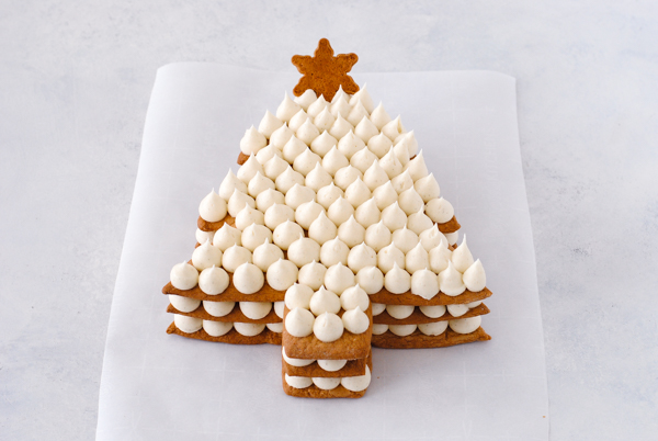Cream Tart Tree Cake - gingerbread cookie with cream cheese frosting and festive holiday toppings | by Carrie Sellman for TheCakeBlog.com