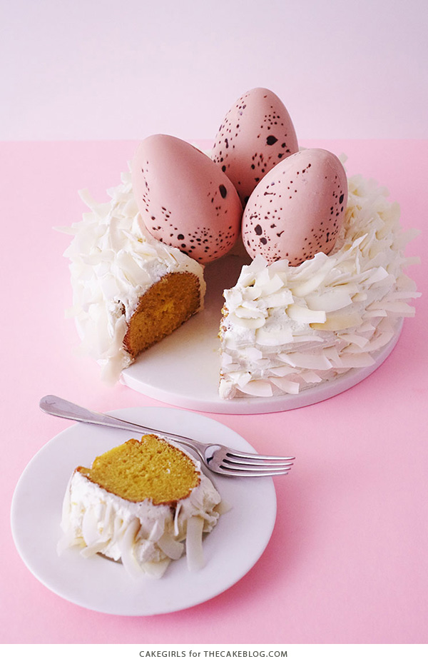 Easter Nest Cake - how to make a nest cake with roasted coconut and chocolate eggs for Easter dessert | by Cakegirls for TheCakeBlog.com