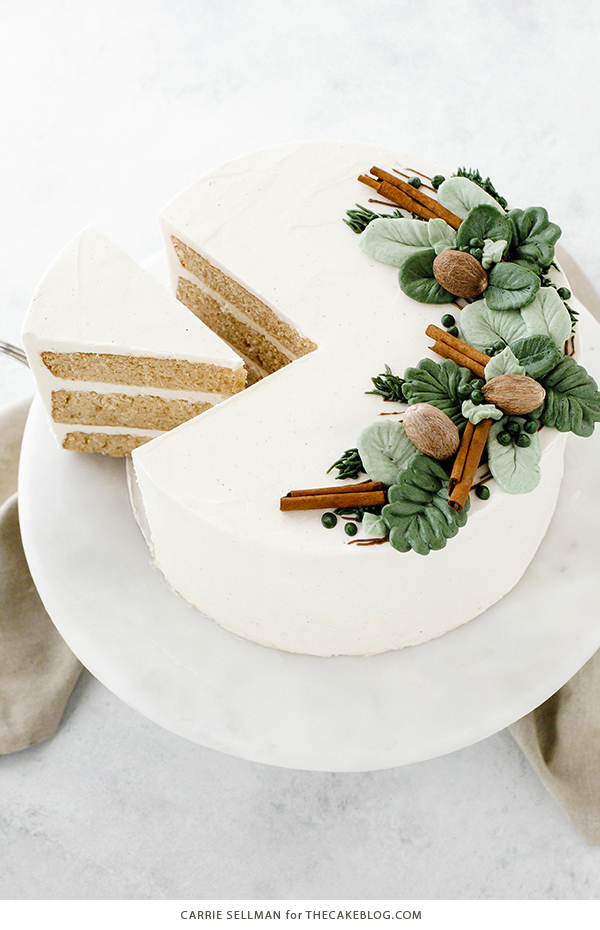 Eggnog Cake - a rich butter cake with hints of cinnamon and nutmeg, paired with a creamy eggnog buttercream | by Carrie Sellman for TheCakeBlog.com