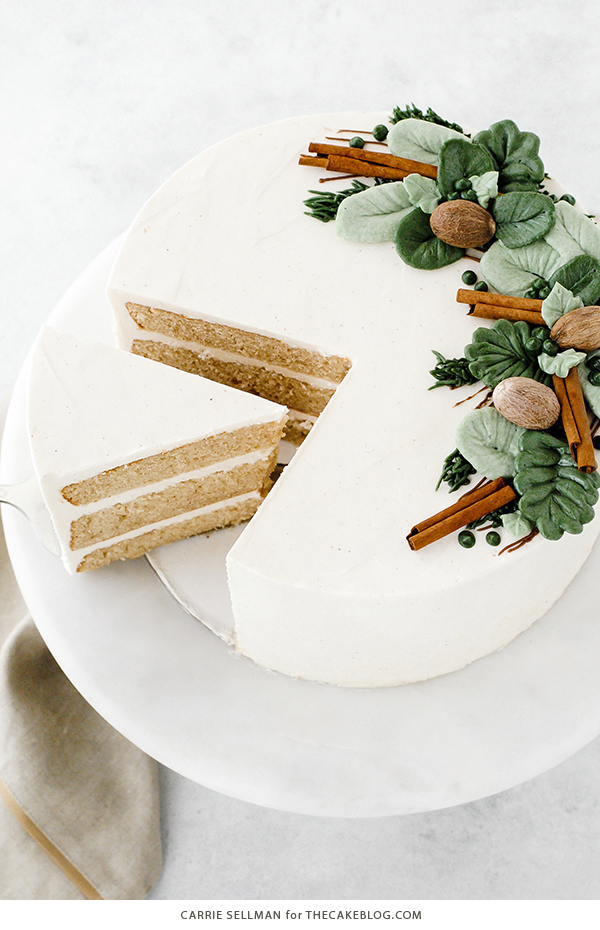Eggnog Cake - a rich butter cake with hints of cinnamon and nutmeg, paired with a creamy eggnog buttercream | by Carrie Sellman for TheCakeBlog.com