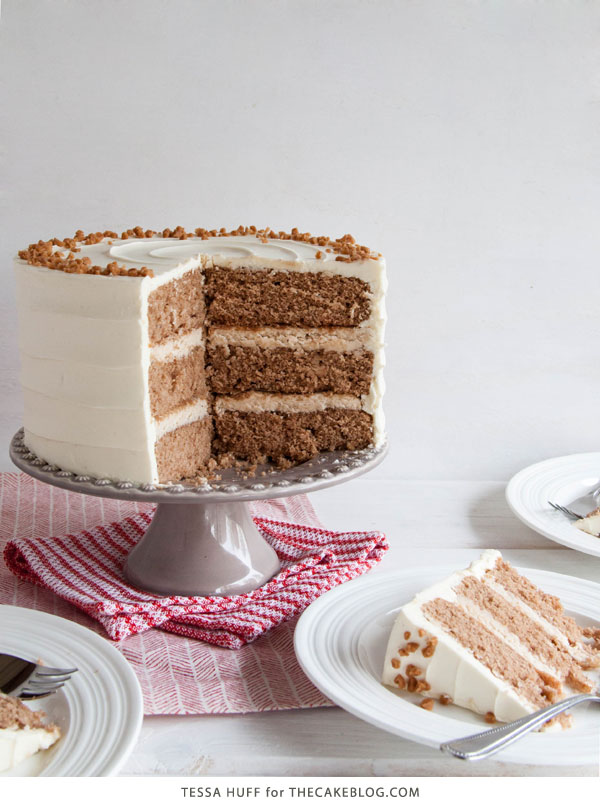 Eggnog Cake! A browned butter spice cake with eggnog buttercream, perfect for holiday entertaining & Christmas dessert | by Tessa Huff for TheCakeBlog.com