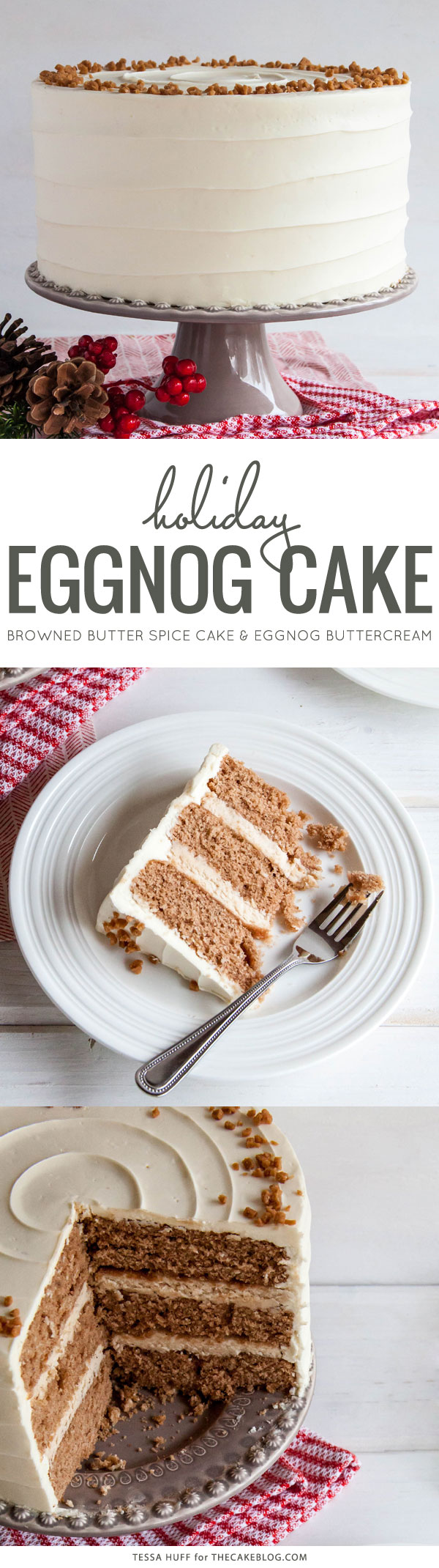 Eggnog Cake! A browned butter spice cake with eggnog buttercream, perfect for holiday entertaining & Christmas dessert | by Tessa Huff for TheCakeBlog.com