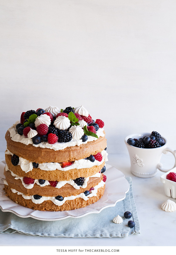  Mess Cake - Inspired by the classic dessert, this cake combines crisp meringues, sweetened cream, fresh berries - layered between an airy sponge cake. | By Tessa Huff for TheCakeBlog.com
