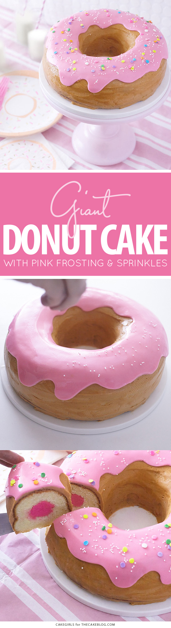Giant Donut Cake! Learn how to make this adorable, sprinkle-coated, giant donut cake with a simple step-by-step tutorial | by Cakegirls for TheCakeBlog.com