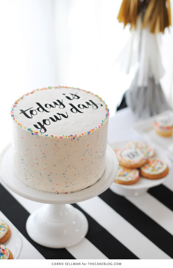 Graduation Party Desserts including this DIY sprinkle cake with easy edible writing | by Carrie Sellman for TheCakeBlog.com