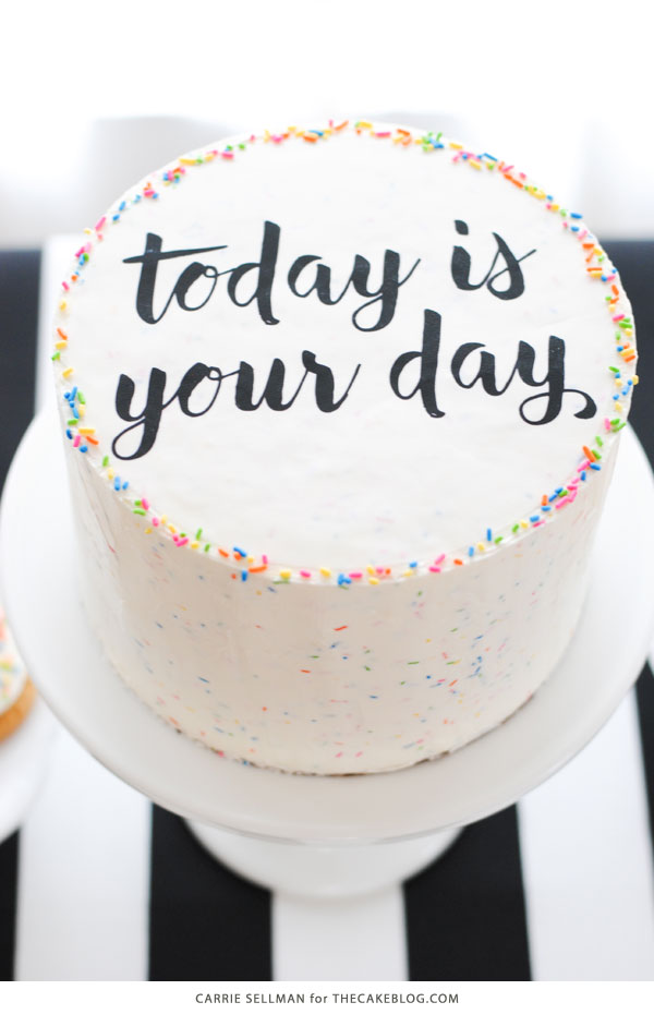 Graduation Party Desserts including this DIY sprinkle cake with easy edible writing | by Carrie Sellman for TheCakeBlog.com