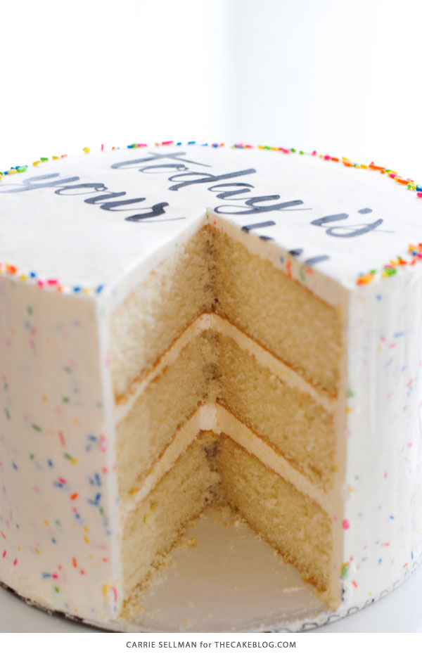 Graduation Party Desserts including this DIY sprinkle cake with easy edible writing | by Carrie Sellman for TheCakeBlog.com