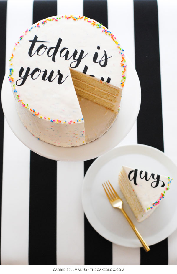 Graduation Party Desserts including this DIY sprinkle cake with easy edible writing | by Carrie Sellman for TheCakeBlog.com