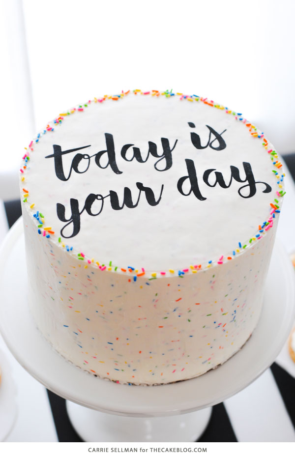 Graduation Party Desserts including this DIY sprinkle cake with easy edible writing | by Carrie Sellman for TheCakeBlog.com