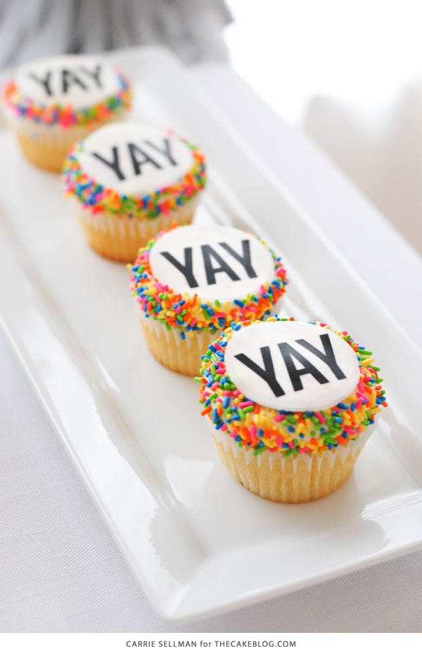 Graduation Party Desserts including these easy YAY sprinkle cupcakes | by Carrie Sellman for TheCakeBlog.com