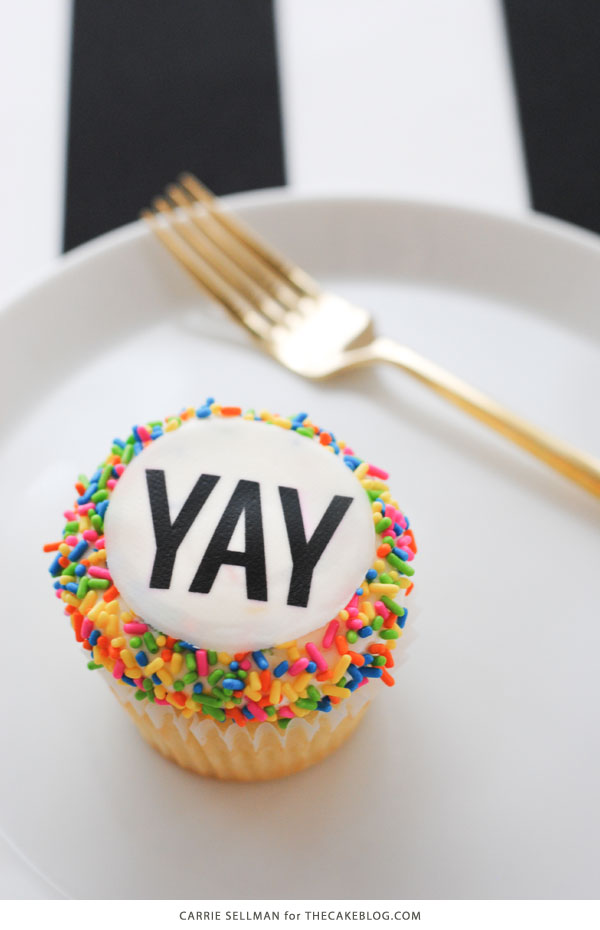 Graduation Party Desserts including this easy YAY sprinkle cupcake | by Carrie Sellman for TheCakeBlog.com