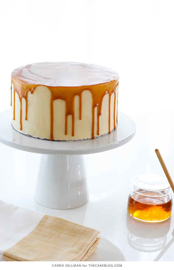 Honey Butter Cake | honey cake with honey cream cheese frosting topped with a honey butterscotch glaze | by Carrie Sellman for TheCakeBlog.com