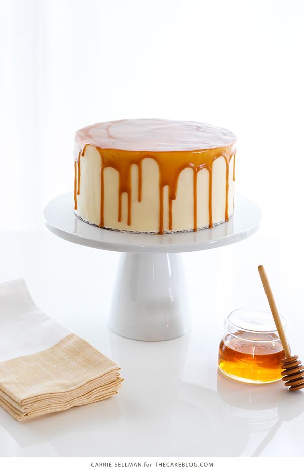 Honey Butter Cake | honey cake with honey cream cheese frosting topped with a honey butterscotch glaze | by Carrie Sellman for TheCakeBlog.com