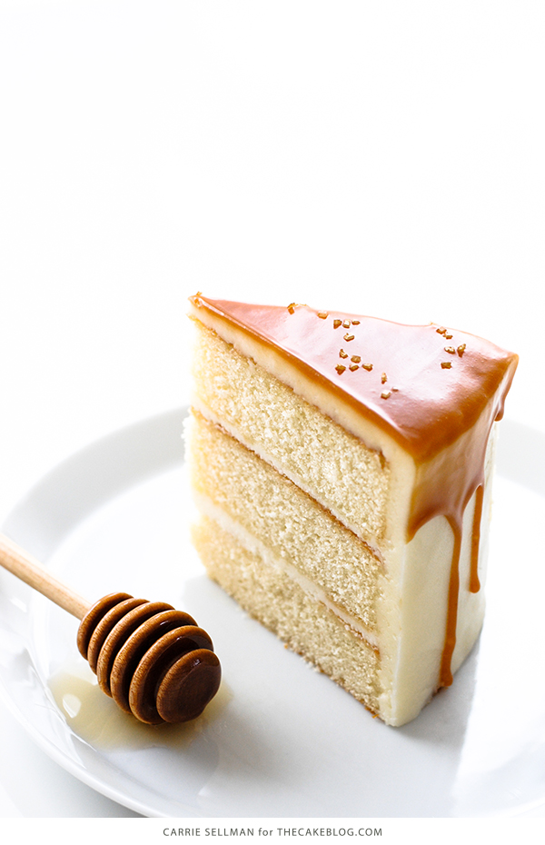 Honey Butter Cake | honey cake with honey cream cheese frosting topped with a honey butterscotch glaze | by Carrie Sellman for TheCakeBlog.com