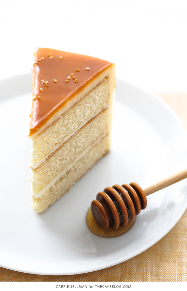 Honey Butter Cake | honey cake with honey cream cheese frosting topped with a honey butterscotch glaze | by Carrie Sellman for TheCakeBlog.com