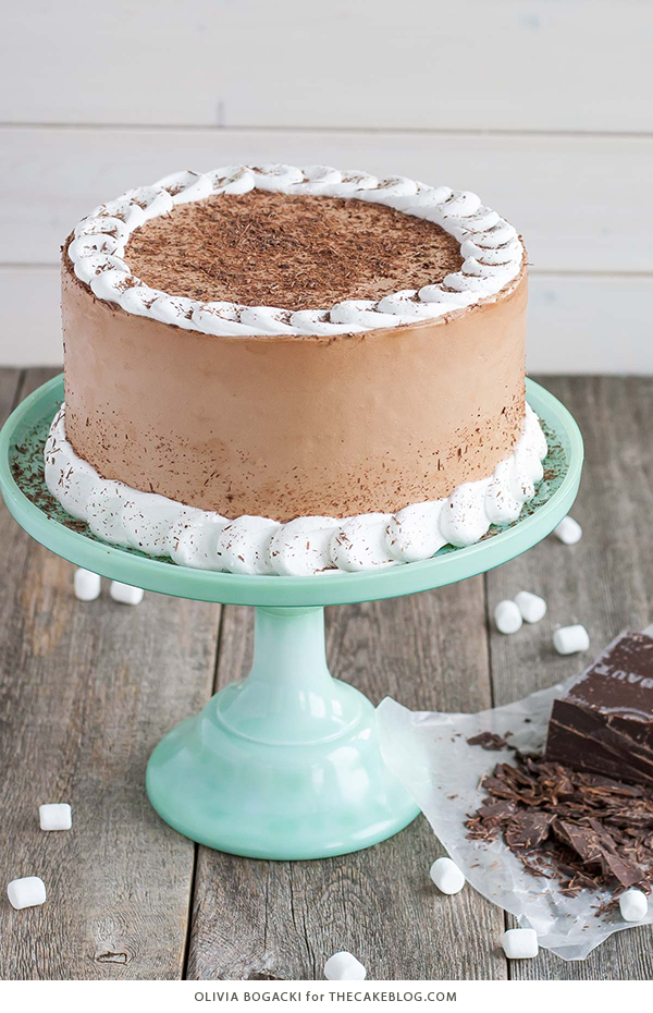 Hot Chocolate Cake with Homemade Marshmallow Fluff | by Olivia Bogacki for TheCakeBlog.com