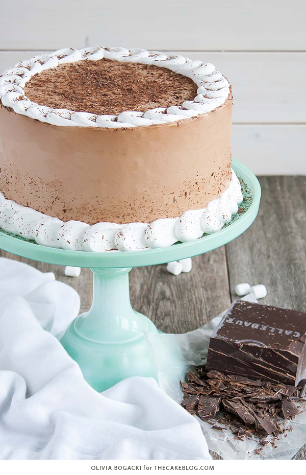 Hot Chocolate Cake with Homemade Marshmallow Fluff | by Olivia Bogacki for TheCakeBlog.com
