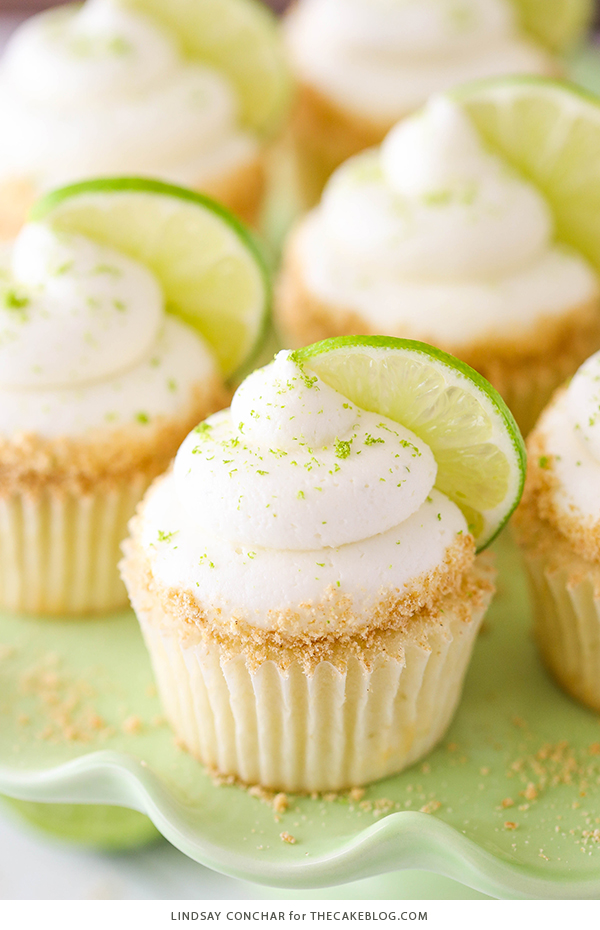 Key Lime Cupcakes - light, fluffy cupcakes full of key lime flavor! With lime juice and zest, topped with a tangy sweet lime frosting and graham cracker crumbs | by Lindsay Conchar for TheCakeBlog.com