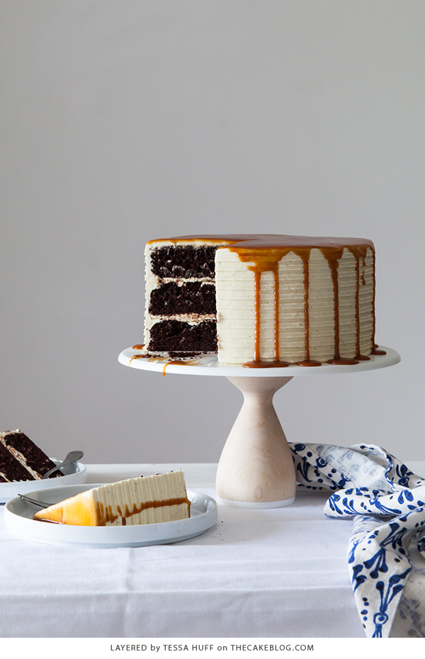 London Fog Cake - chocolate cake with Earl Grey buttercream and salted caramel, a recipe from the new cake book Layered by Tessa Huff | on TheCakeBlog.com