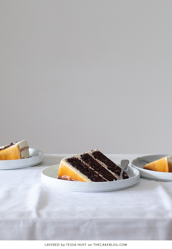London Fog Cake - chocolate cake with Earl Grey buttercream and salted caramel, a recipe from the new cake book Layered by Tessa Huff | on TheCakeBlog.com