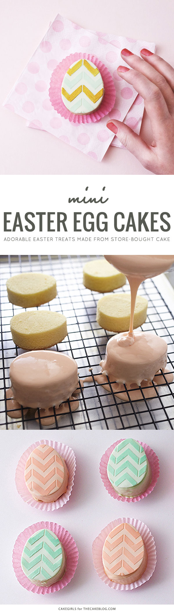 Make these Mini Easter Egg Cakes using store-bought cake and icing! A super easy yet impressive treat for Easter dessert | By Cakegirls for TheCakeBlog.com