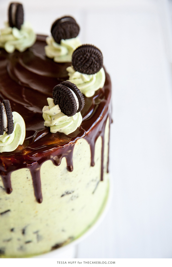 Mint Cookies 'N Cream Cake with crushed cookies in the cake and frosting plus a chocolate drip | by Tessa Huff for TheCakeBlog.com