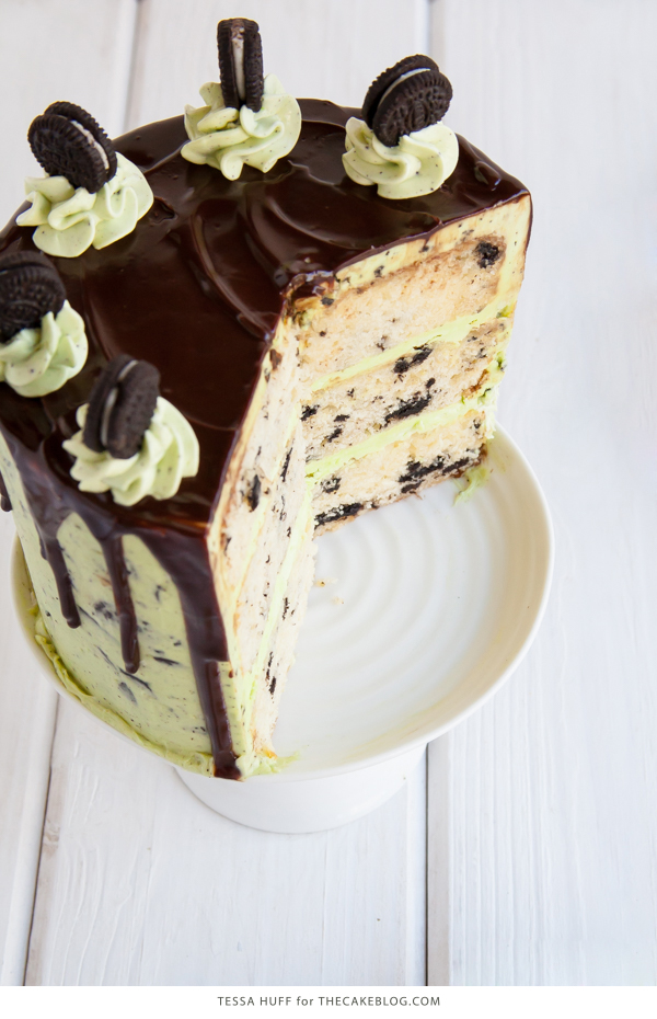 Mint Cookies 'N Cream Cake with crushed cookies in the cake and frosting plus a chocolate drip | by Tessa Huff for TheCakeBlog.com
