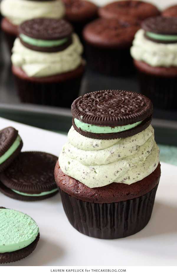 Mint Cookies 'N Cream Cupcakes with cookies in the cake and in the frosting | by Lauren Kapeluck for TheCakeBlog.com