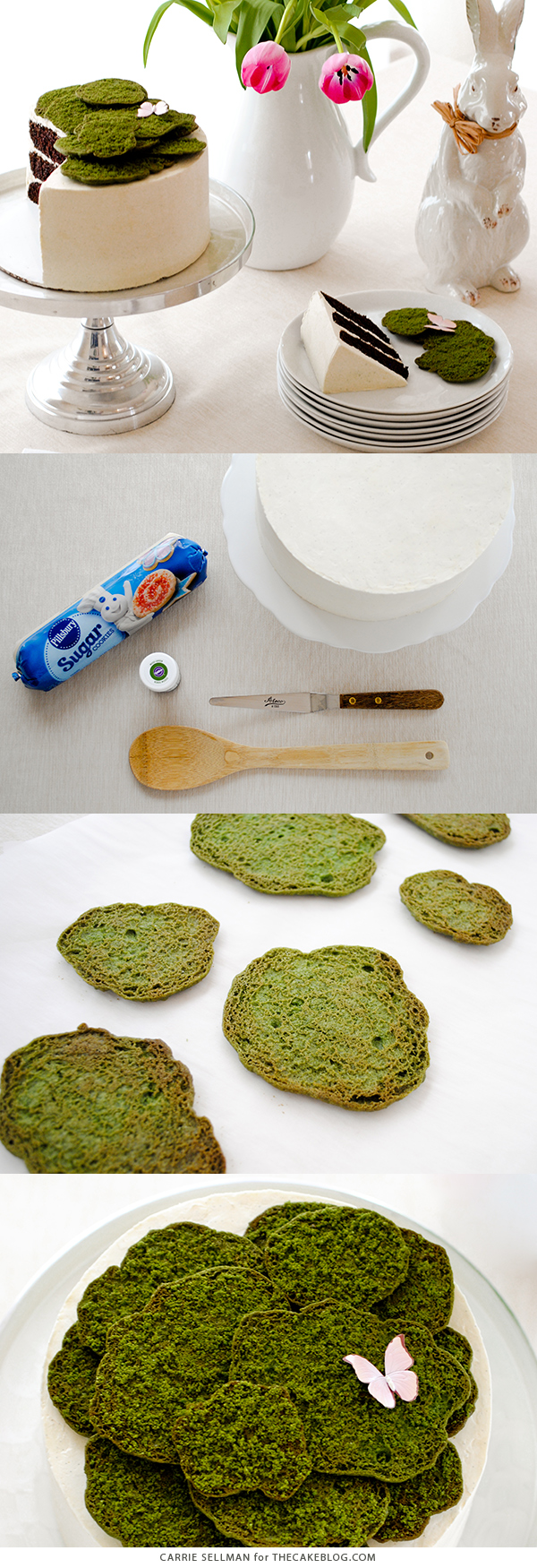 Cookie Moss Cake - how to make edible moss from cookie dough. Top spring and Easter cakes, woodland cakes or a birthday cake for your favorite gardener! | by Carrie Sellman for TheCakeBlog.com