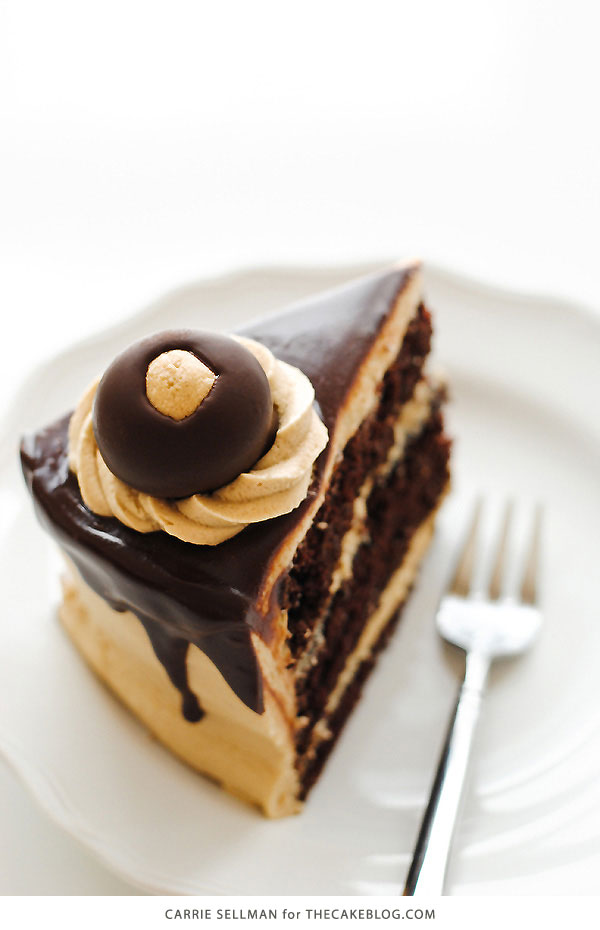 Chocolate Peanut Butter Cake - moist chocolate cake paired with peanut butter frosting and filling, topped with drippy chocolate ganache and homemade peanut butter balls, aka buckeyes | Carrie Sellman for TheCakeBlog.com