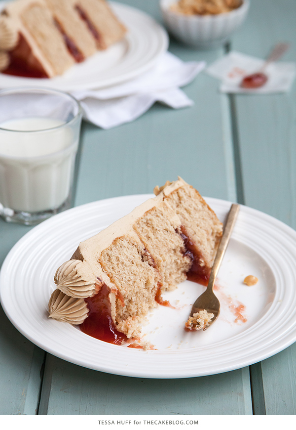 Peanut Butter & Jelly Cake | peanut butter cake with brown sugar peanut butter frosting, strawberry jam and chopped peanuts | by Tessa Huff for TheCakeBlog.com