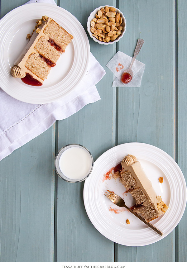 Peanut Butter & Jelly Cake | peanut butter cake with brown sugar peanut butter frosting, strawberry jam and chopped peanuts | by Tessa Huff for TheCakeBlog.com