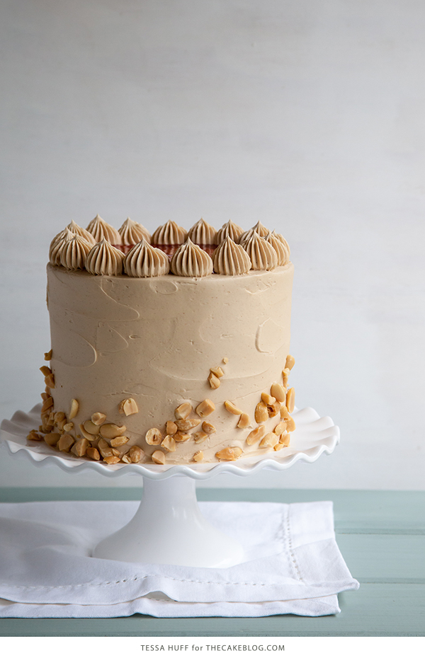 Peanut Butter & Jelly Cake | peanut butter cake with brown sugar peanut butter frosting, strawberry jam and chopped peanuts | by Tessa Huff for TheCakeBlog.com