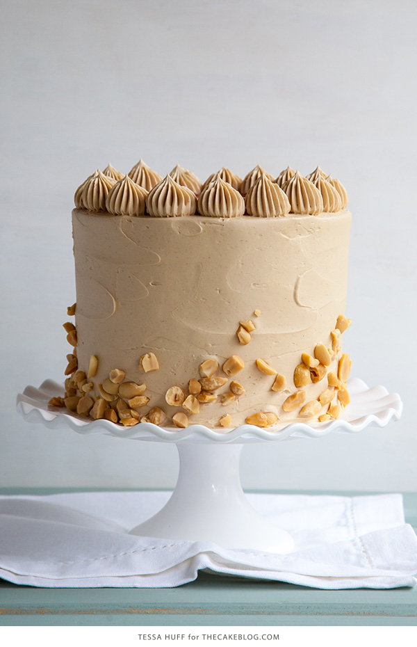 Peanut Butter & Jelly Cake | peanut butter cake with brown sugar peanut butter frosting, strawberry jam and chopped peanuts | by Tessa Huff for TheCakeBlog.com