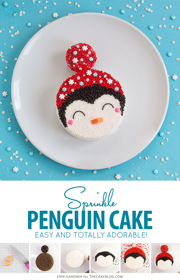 Penguin Cake - a sprinkle coated penguin cake too adorable for words | by Erin Gardner for TheCakeBlog.com