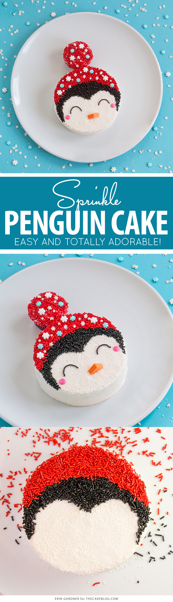 Penguin Cake - a sprinkle coated penguin cake too adorable for words | by Erin Gardner for TheCakeBlog.com