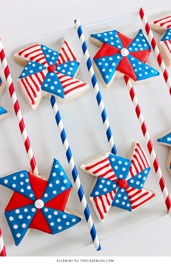 Pinwheel Cookies -- red, white and blue pinwheel cookies on a stick | by ellenJAY for TheCakeBlog.com