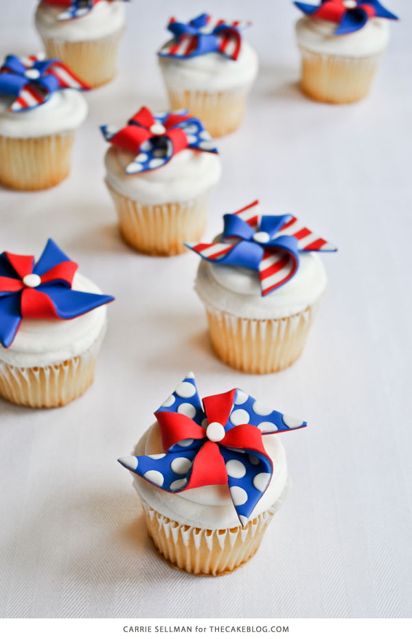 DIY Patriotic Pinwheel Cupcakes in Red, White & Blue | by Carrie Sellman for TheCakeBlog.com