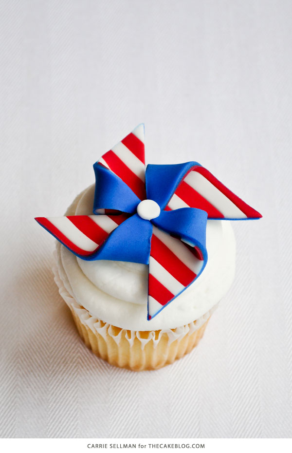 DIY Patriotic Pinwheel Cupcakes in Red, White & Blue | by Carrie Sellman for TheCakeBlog.com