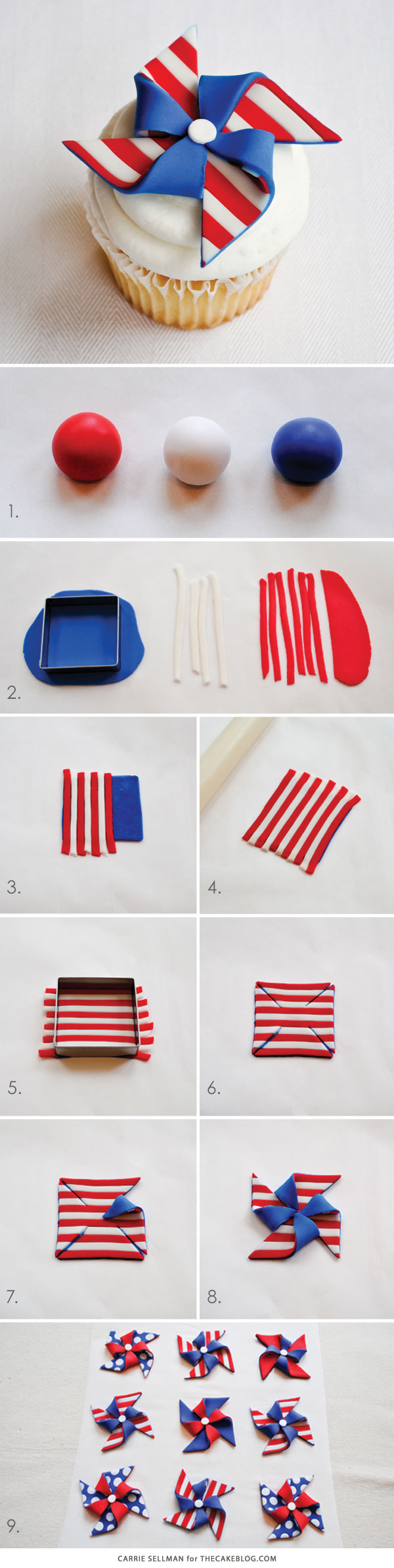 DIY Patriotic Pinwheel Cupcakes in Red, White & Blue | by Carrie Sellman for TheCakeBlog.com