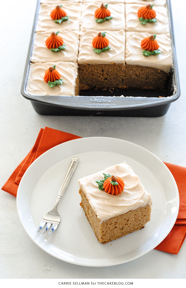 Pumpkin Sheet Cake - easy pumpkin cake with cinnamon cream cheese frosting, made from scratch and perfect for a crowd | by Carrie Sellman for TheCakeBlog.com