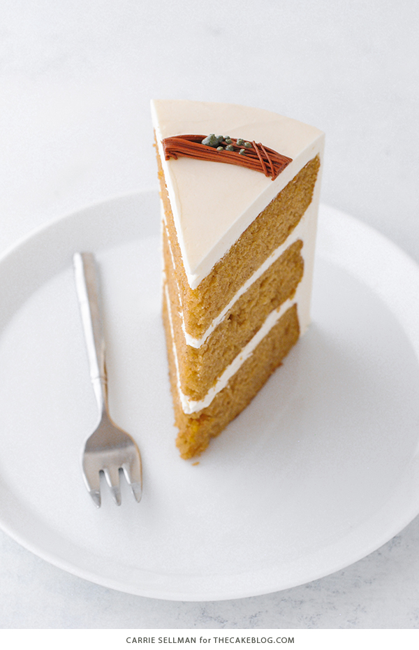 Pumpkin Spice Cake - moist pumpkin cake with cinnamon, ginger and nutmeg paired with pumpkin spice buttercream frosting | by Carrie Sellman for TheCakeBlog.com
