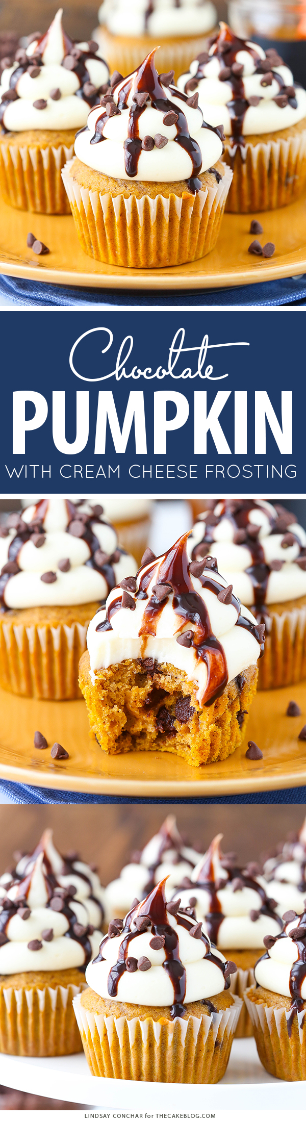 Pumpkin Chocolate Chip Cupcakes - pumpkin cupcakes studded with chocolate chips, topped with cream cheese frosting and chocolate sauce | by Lindsay Conchar for TheCakeBlog.com