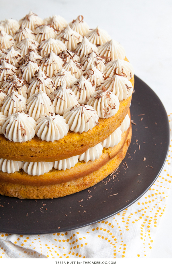 Pumpkin Tiramisu Cake - pumpkin spice cake soaked with coffee liqueur, fluffy mascarpone frosting and chocolate shavings | Tessa Huff for TheCakeBlog.com