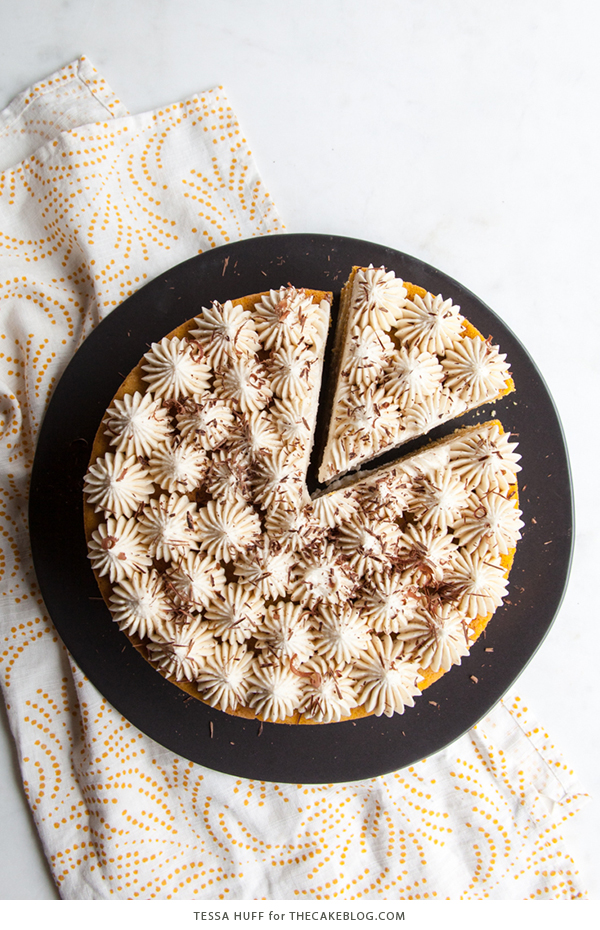 Pumpkin Tiramisu Cake - pumpkin spice cake soaked with coffee liqueur, fluffy mascarpone frosting and chocolate shavings | Tessa Huff for TheCakeBlog.com