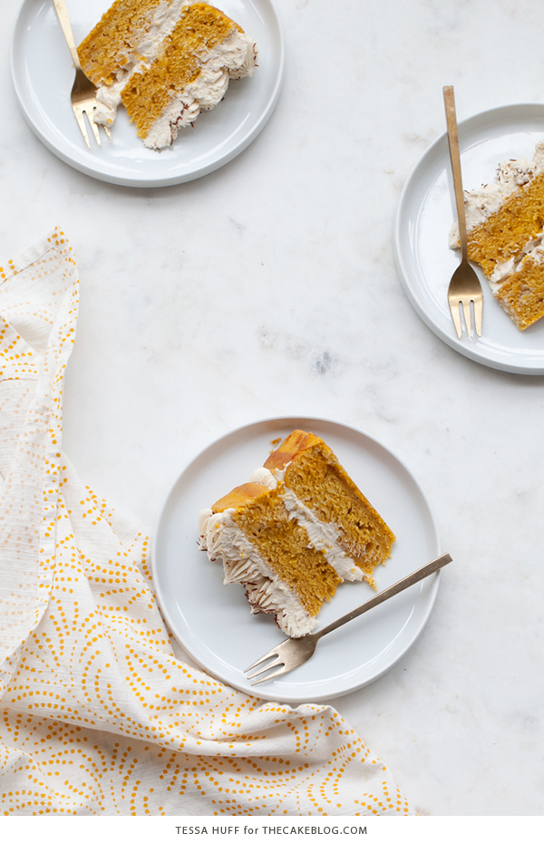 Pumpkin Tiramisu Cake - pumpkin spice cake soaked with coffee liqueur, fluffy mascarpone frosting and chocolate shavings | Tessa Huff for TheCakeBlog.com