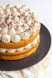Pumpkin Tiramisu Cake - pumpkin spice cake soaked with coffee-liqueur, fluffy mascarpone frosting and chocolate shavings | Tessa Huff for TheCakeBlog.com