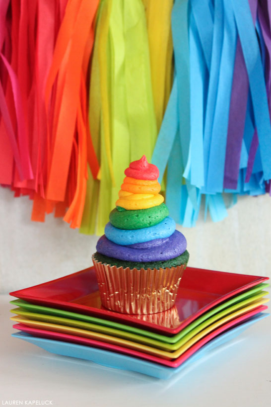 Green Velvet Cupcakes with rainbow buttercream | by Lauren Kapeluck | for TheCakeBlog.com