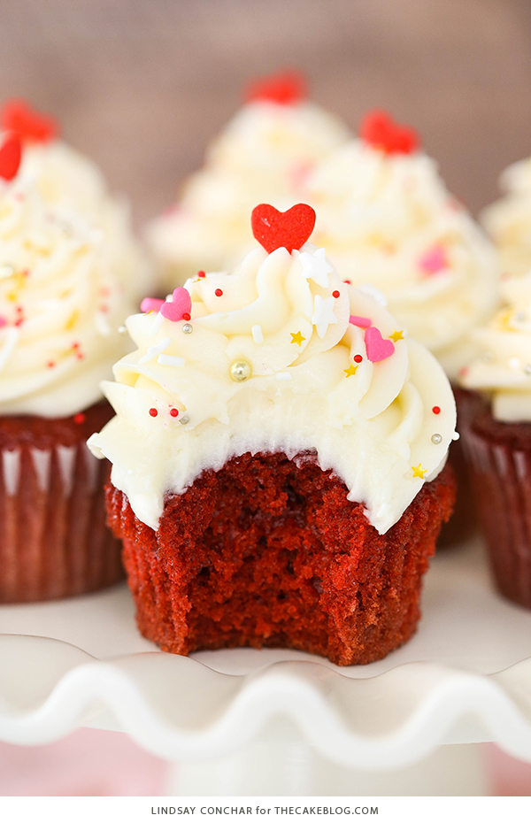 Red Velvet Cupcakes - super easy to make and stay moist for days, with a classic red velvet flavor and cream cheese frosting | Lindsay Conchar for TheCakeBlog.com